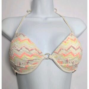 Victoria's Secret VS Bikini Top Neon Pink Yellow Chevron White Metal Push Up 34C
